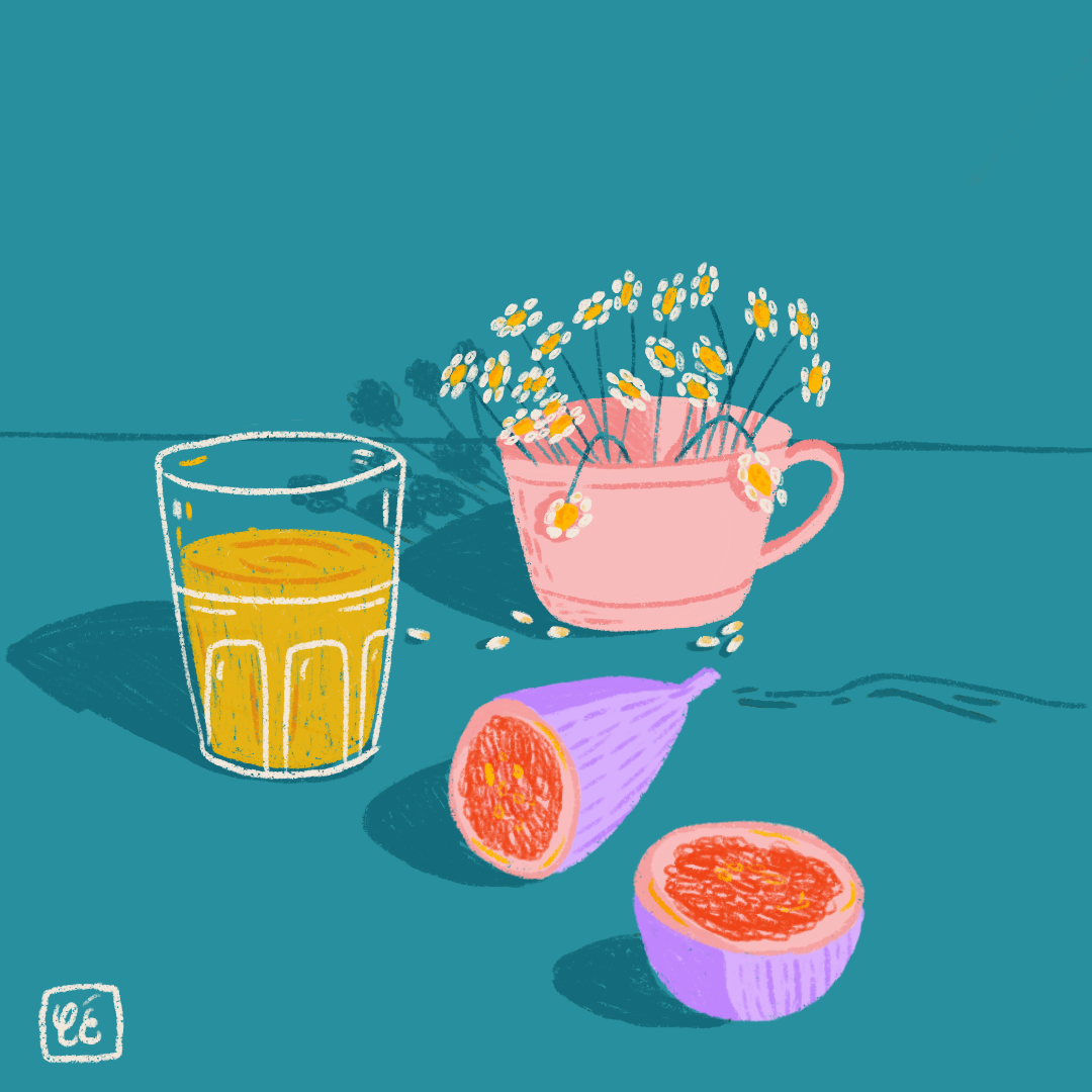 still life illustration, flowers, juice