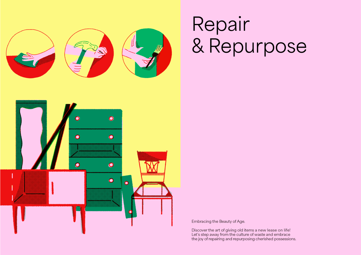 magazine, illustration, repair and repurpose, furniture, recycle, artwork