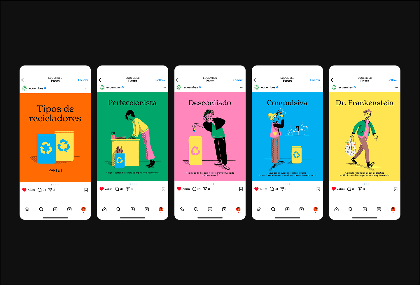 View of an Instagram carousel post for Ecoembes' 'Recycler Archetypes' campaign, showing multiple panels with comic-style character illustrations and campaign text, designed for user swiping