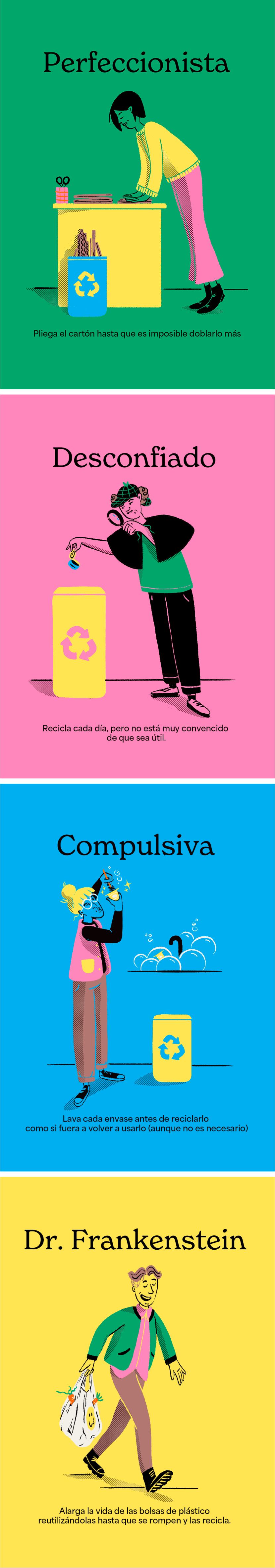 Ecoembes social media campaign featuring four diverse cartoon characters representing different recycler types: a perfectionist folding cardboard, a compulsive washer cleaning a container, a skeptical detective-like figure, and a persistent one reusing a plastic bag