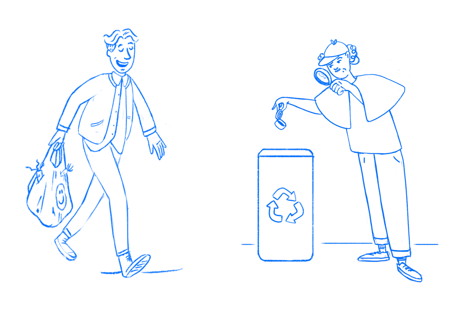 Early conceptual sketches illustrating the development process for the Ecoembes 'Recycler Archetypes' social media campaign characters.