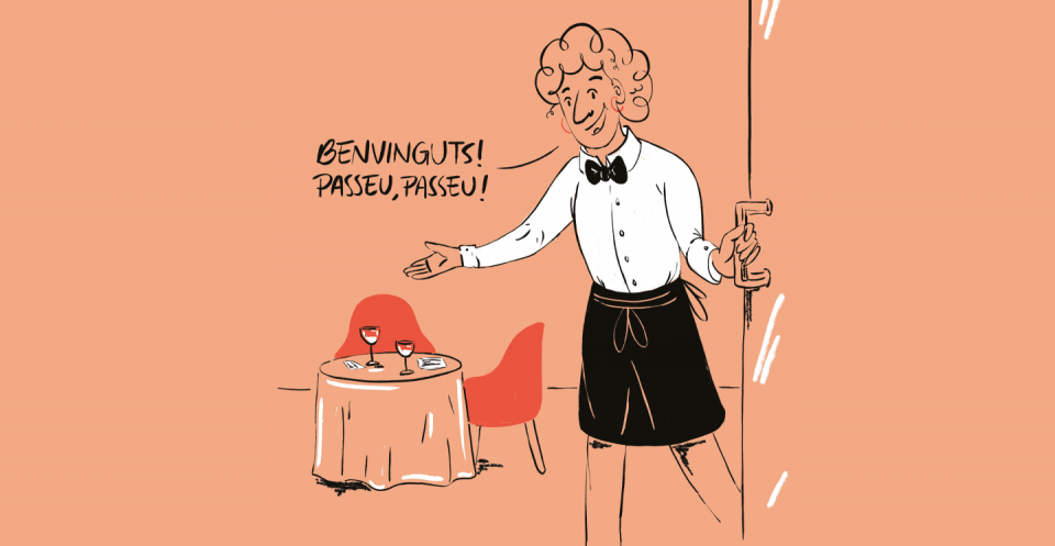Humorous graphic campaign illustrations showing a waitress opening the door to a restaurant