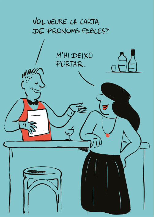Ilustración en tinta digital de un camarero preguntando a una clienta la carta en un bar.
