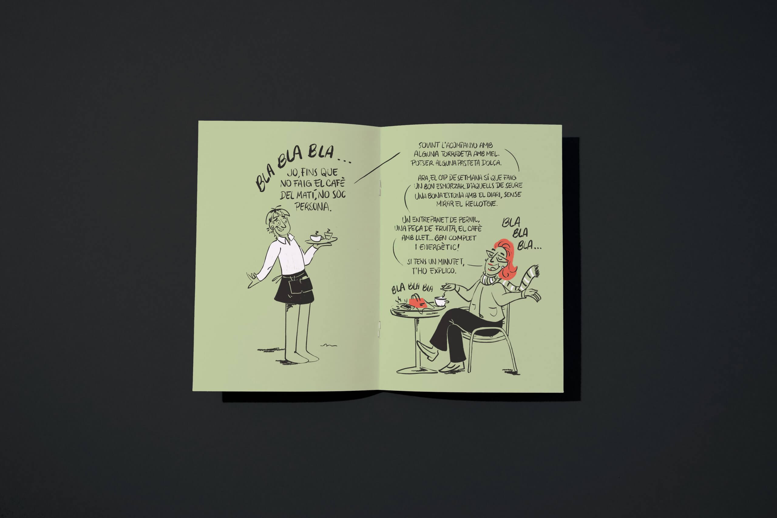 Double page of an ink illustration showing a waiter and a client.