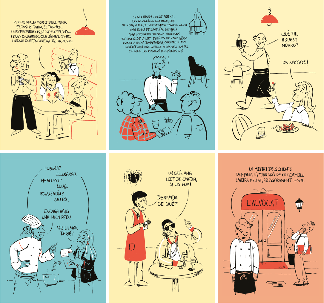 Humorous graphic campaign illustrations showing waiter and customers in restaurants